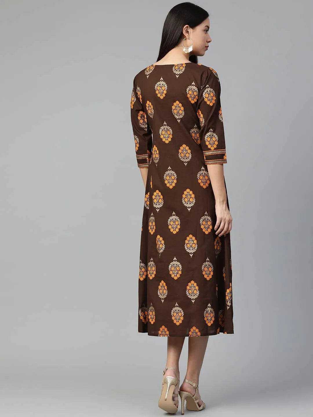 Brown Printed Cotton Dress - Libas