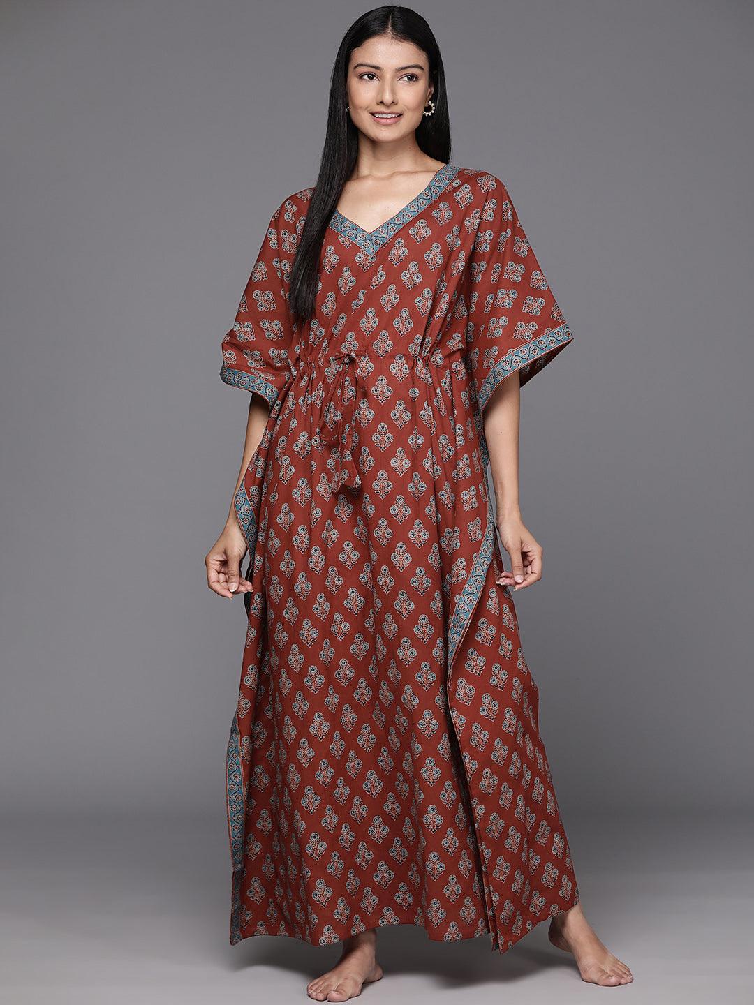 Brown Printed Cotton Night Dress - Libas 