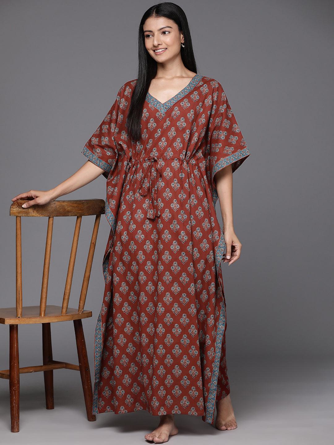 Brown Printed Cotton Night Dress - Libas