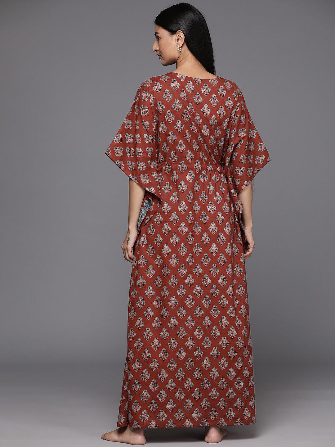 Brown Printed Cotton Night Dress - Libas 