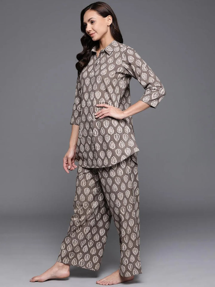 Brown Printed Cotton Night Suit - Libas