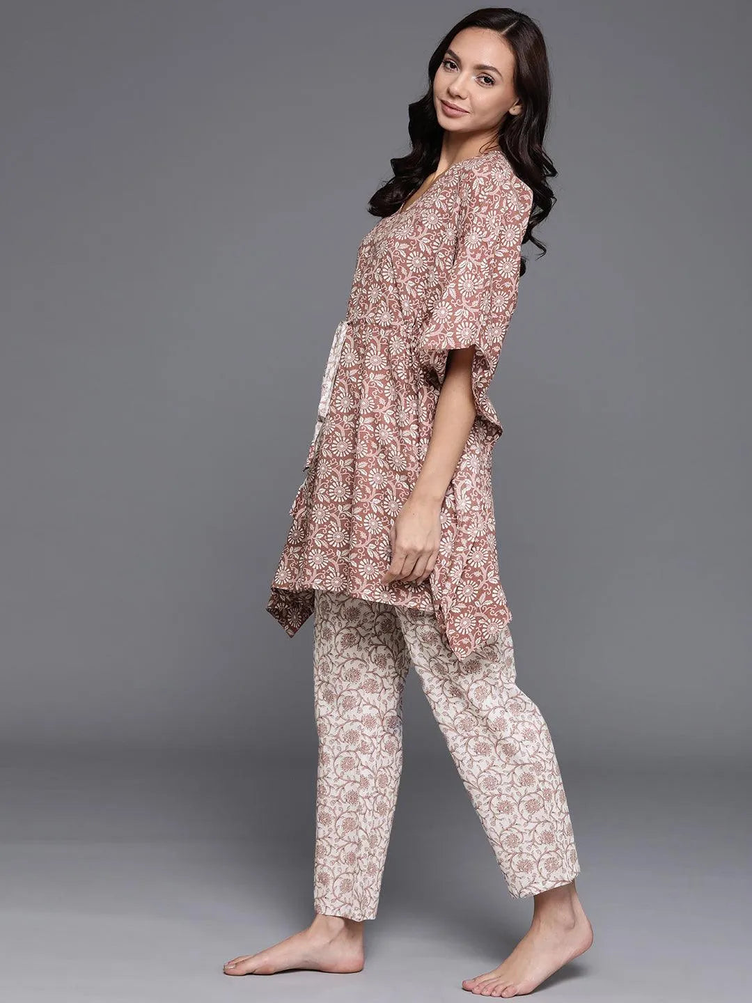 Brown Printed Cotton Night Suit - Libas