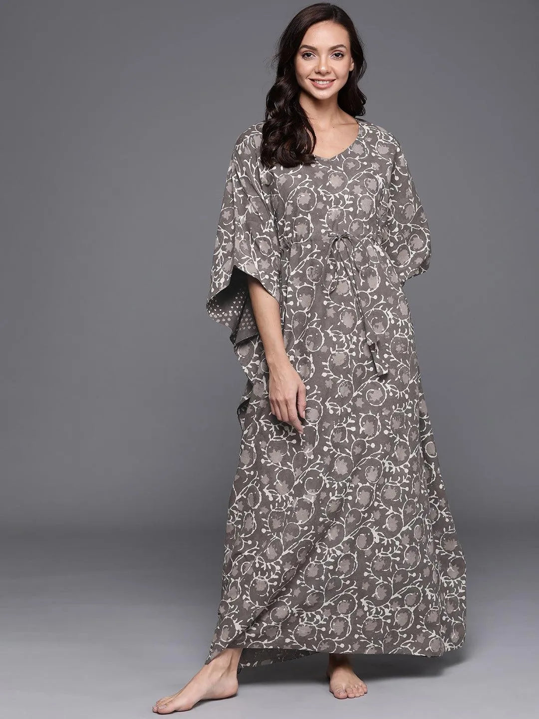 Brown Printed Cotton Nightdress - Libas