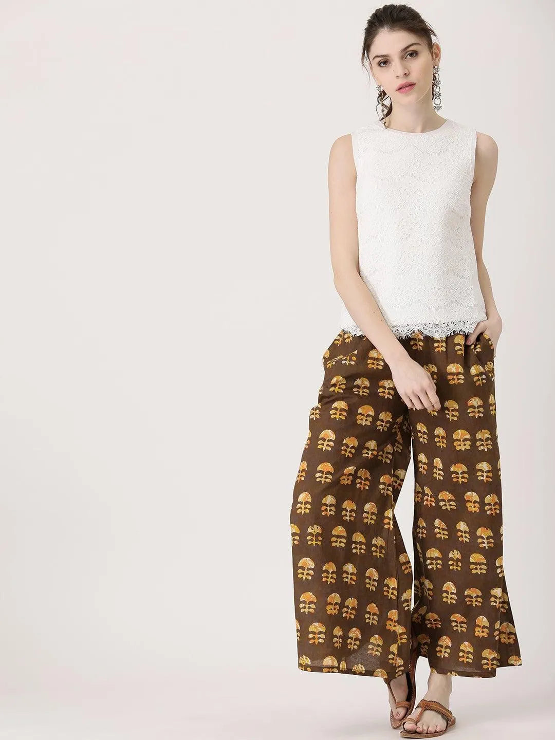 Brown Printed Cotton Palazzos - Libas 