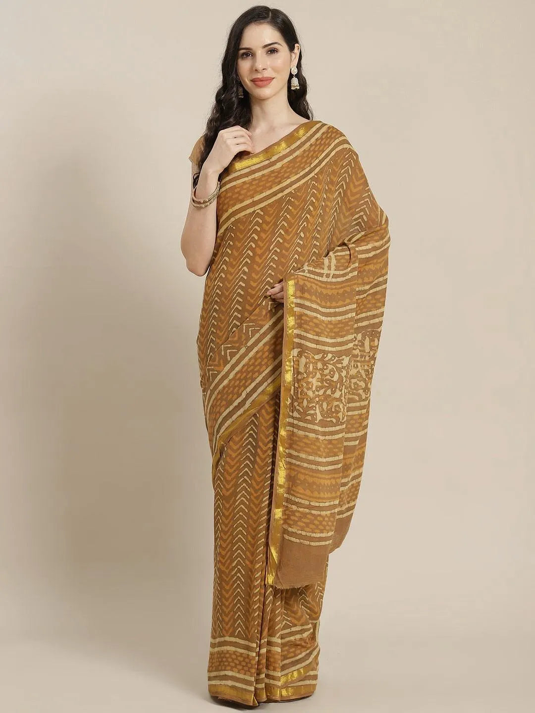 Brown Printed Cotton Saree - Libas