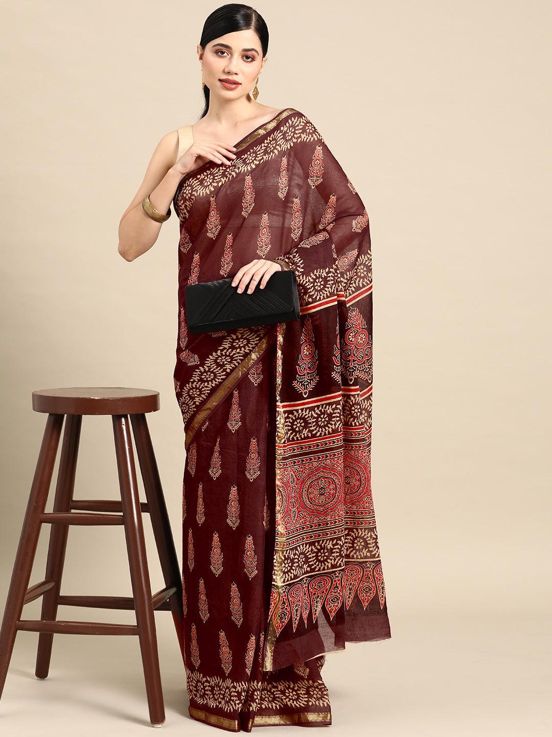 Brown Printed Cotton Saree - Libas