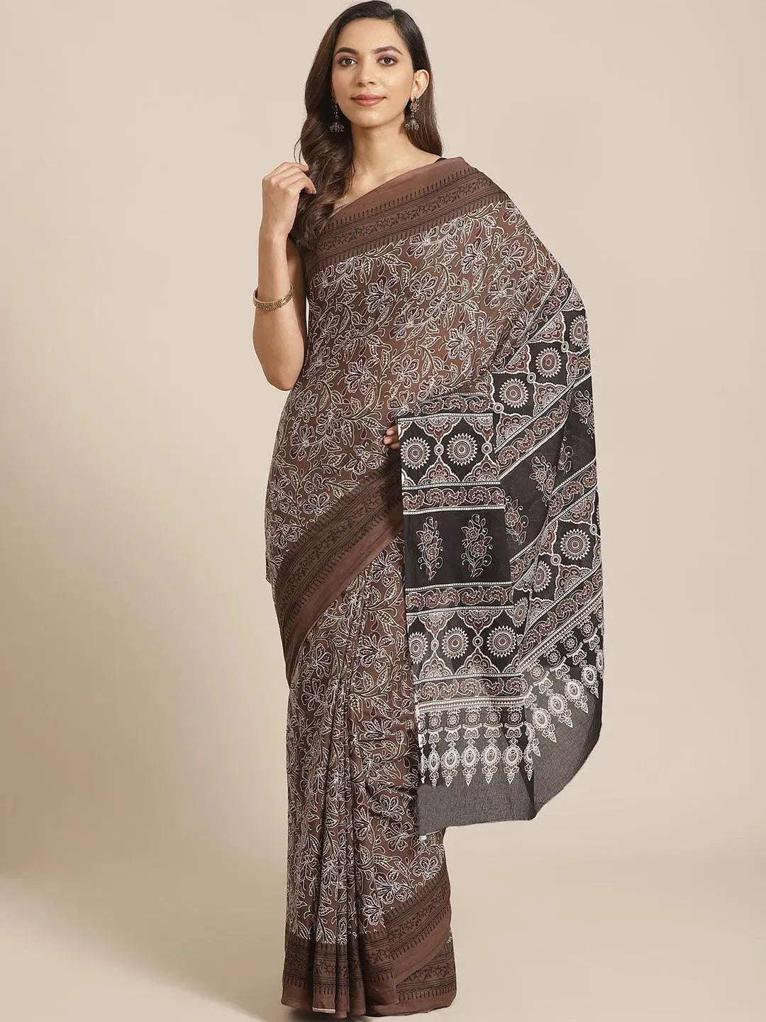 

Brown Printed Cotton Saree