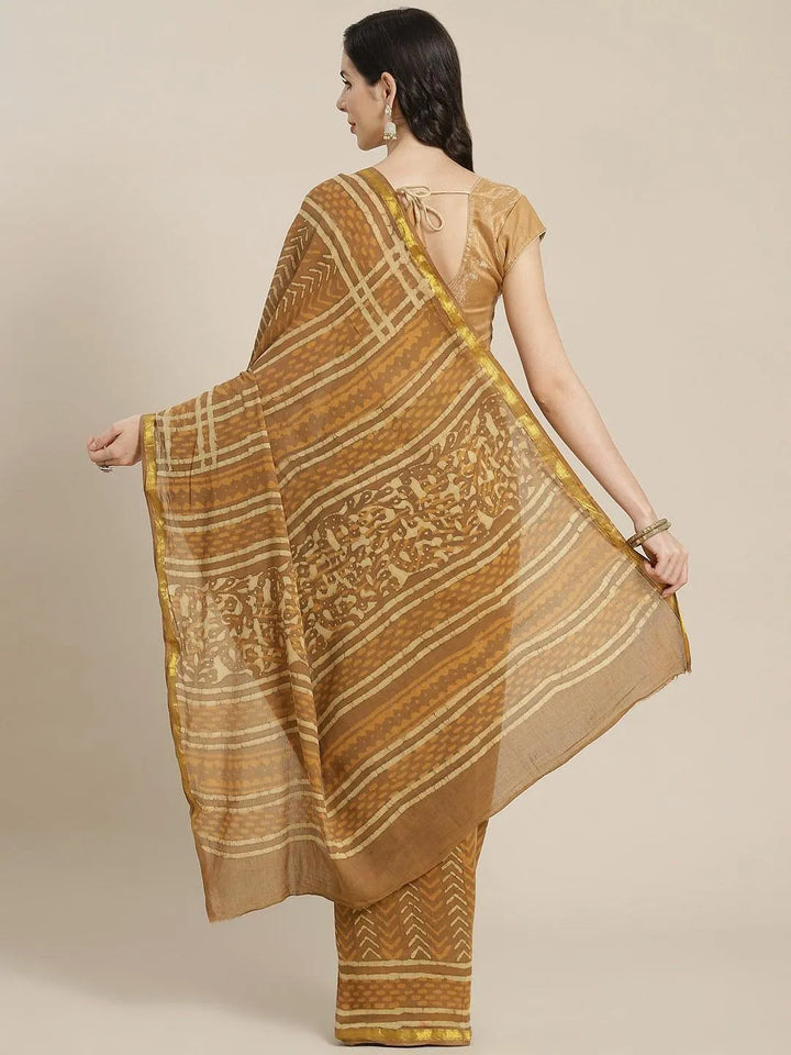 Brown Printed Cotton Saree - Libas