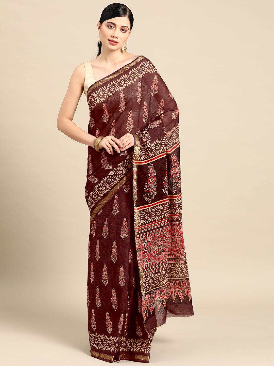 Brown Printed Cotton Saree - Libas