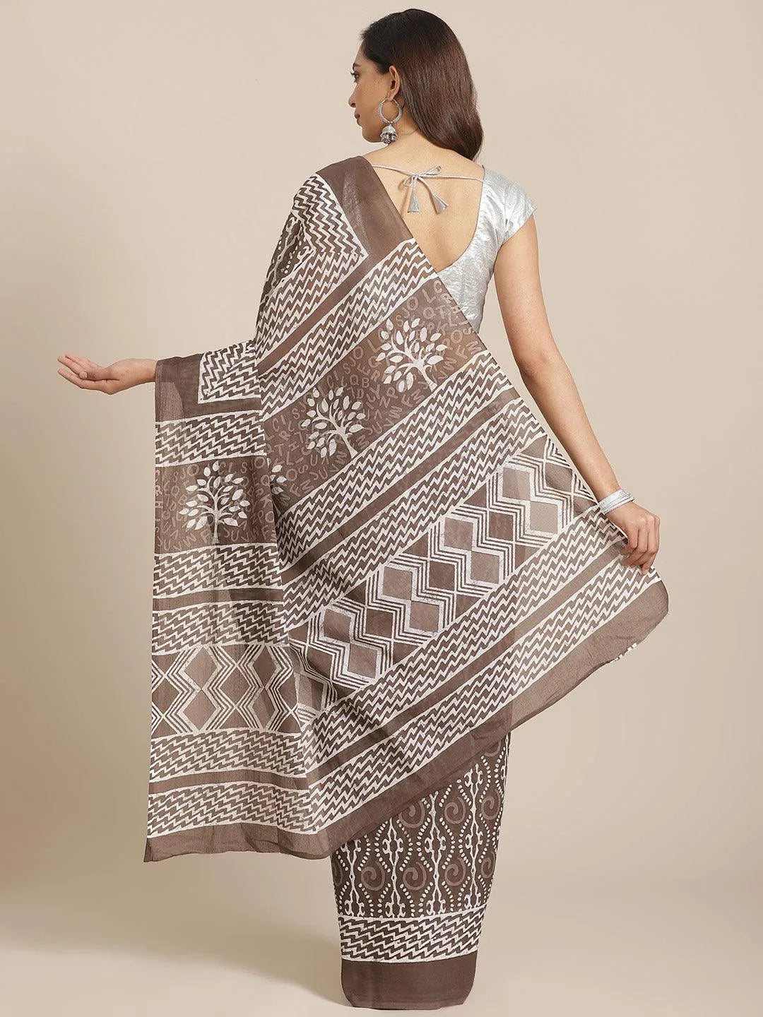 Brown Printed Cotton Saree - Libas