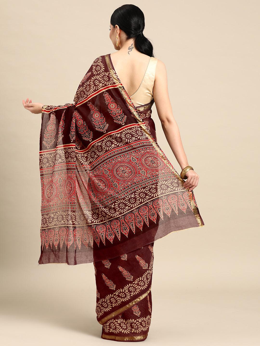 Brown Printed Cotton Saree - Libas