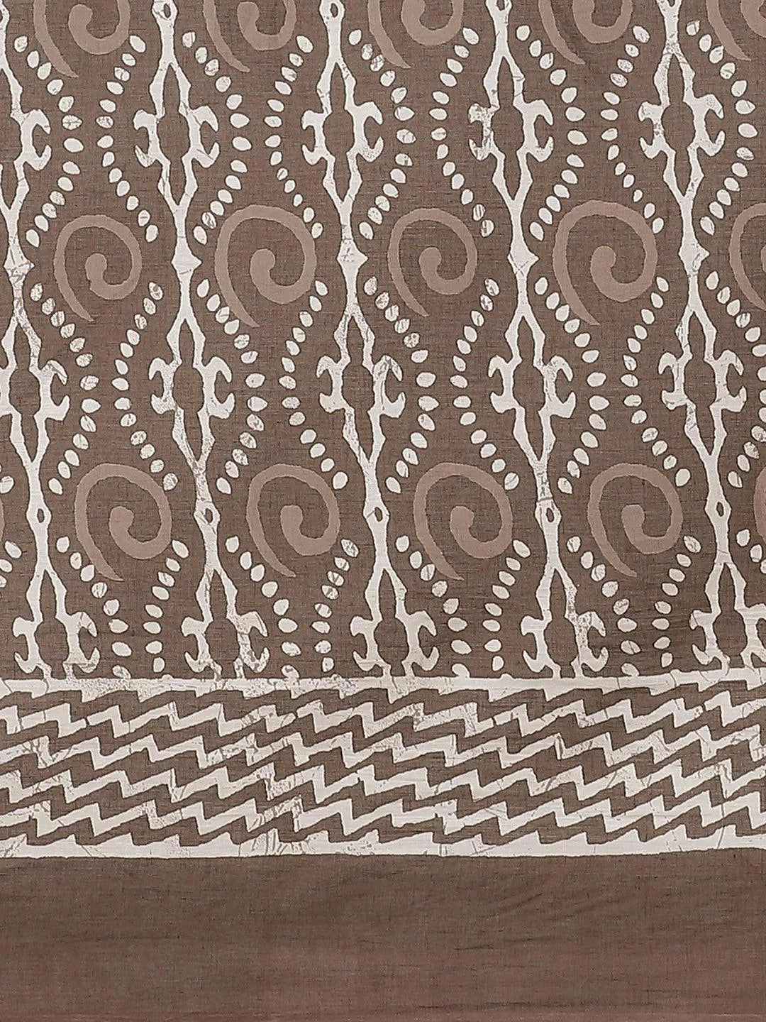 Brown Printed Cotton Saree - Libas 