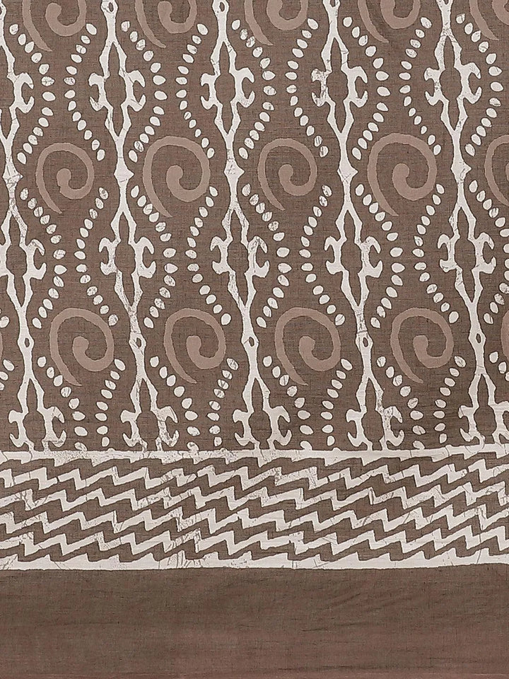 Brown Printed Cotton Saree - Libas