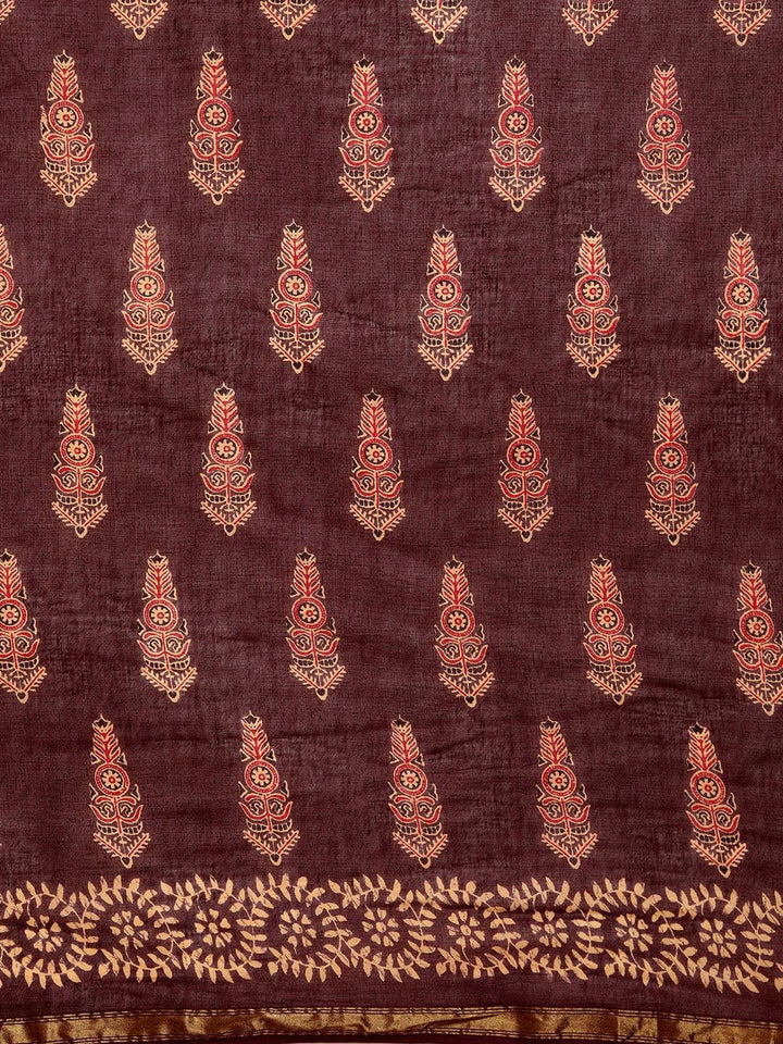 Brown Printed Cotton Saree - Libas