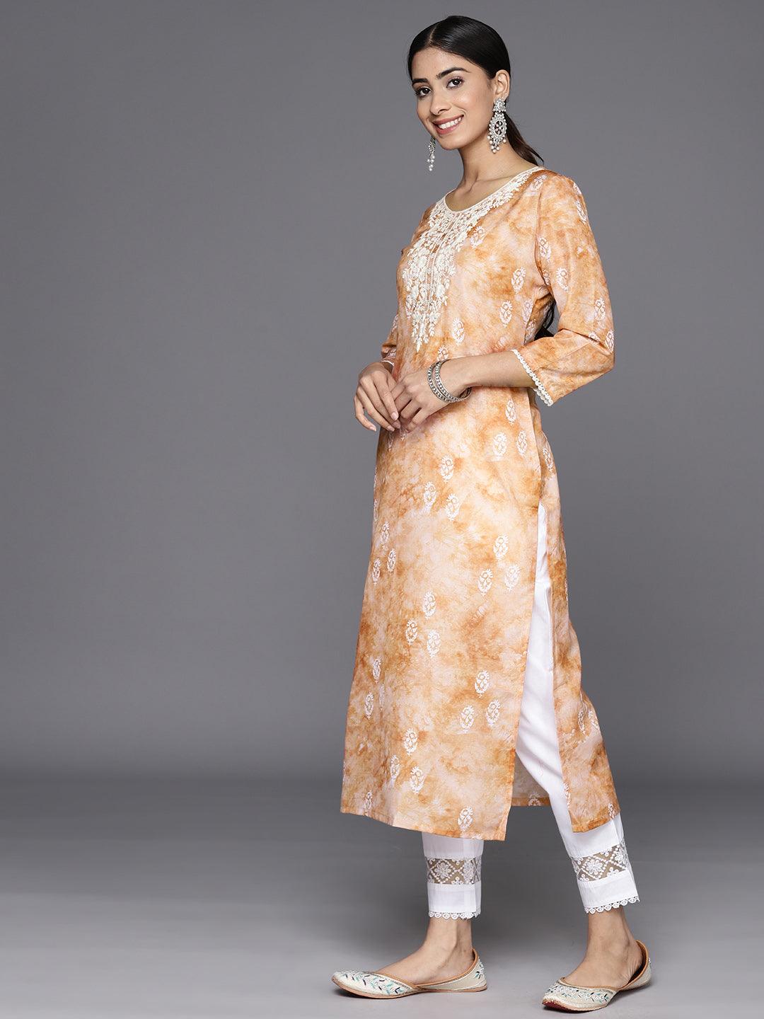 Brown Printed Cotton Straight Kurta - Libas