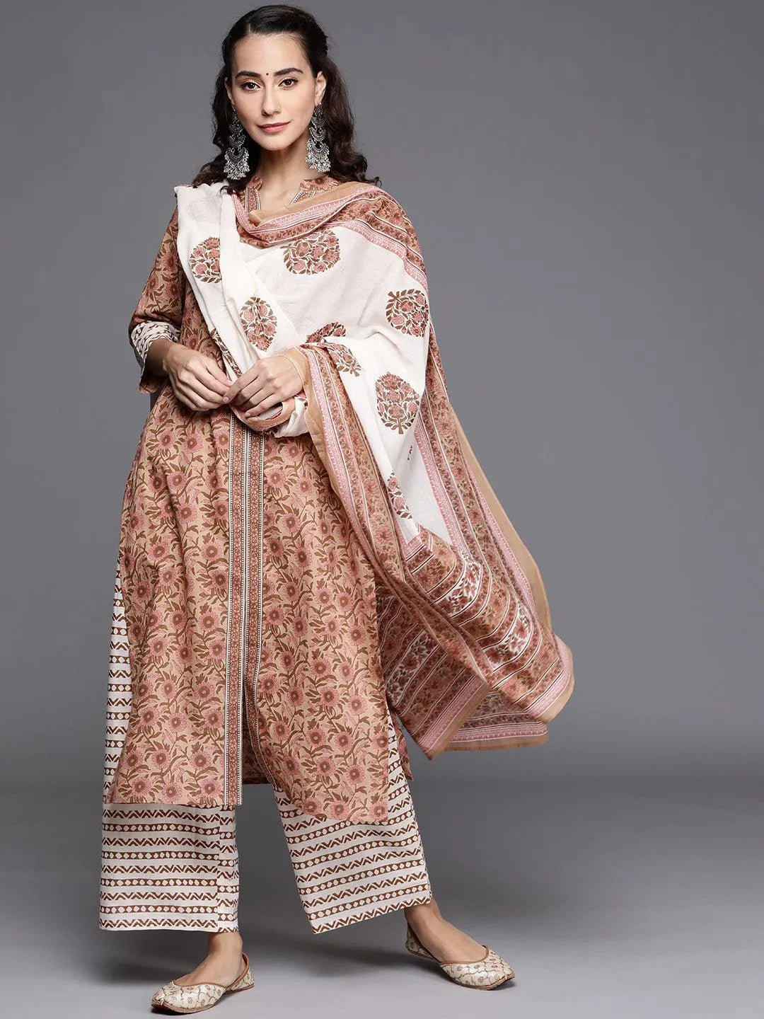 Brown Printed Cotton Suit Set - Libas 