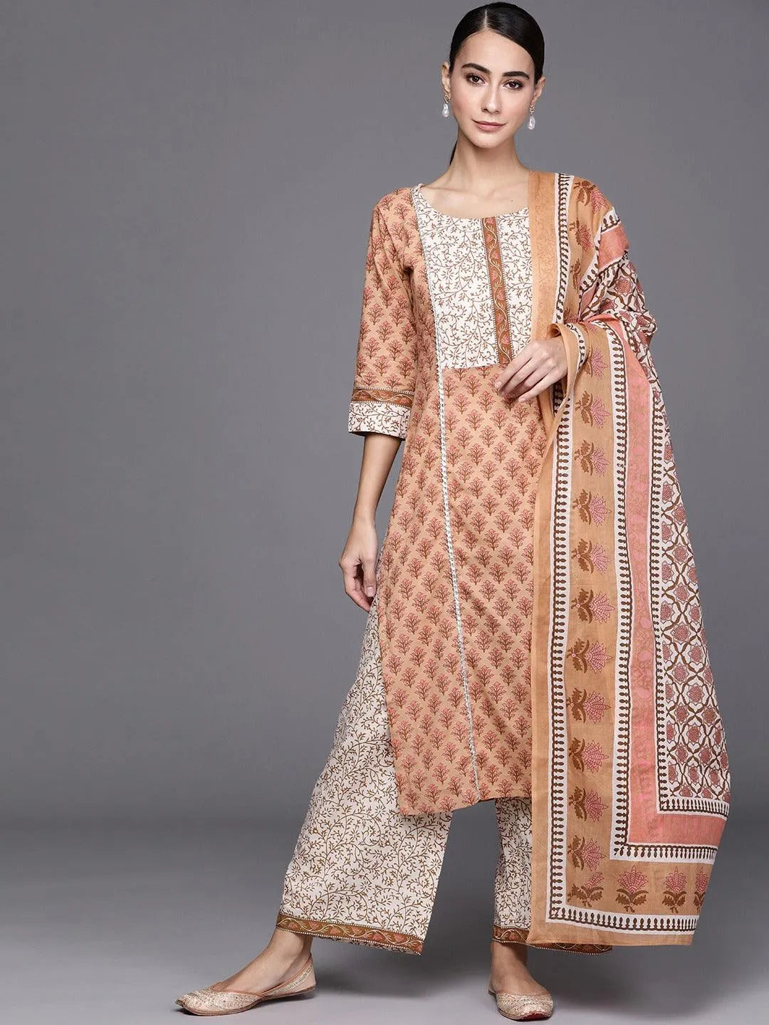 Brown Printed Cotton Suit Set - Libas