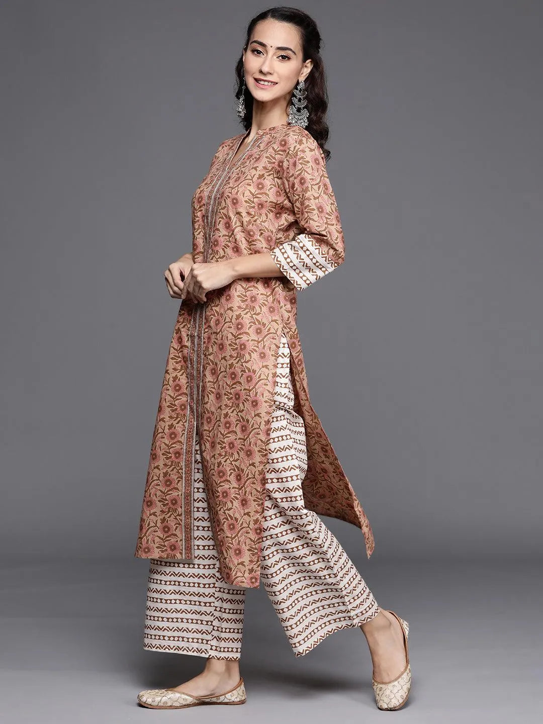 Brown Printed Cotton Suit Set - Libas 