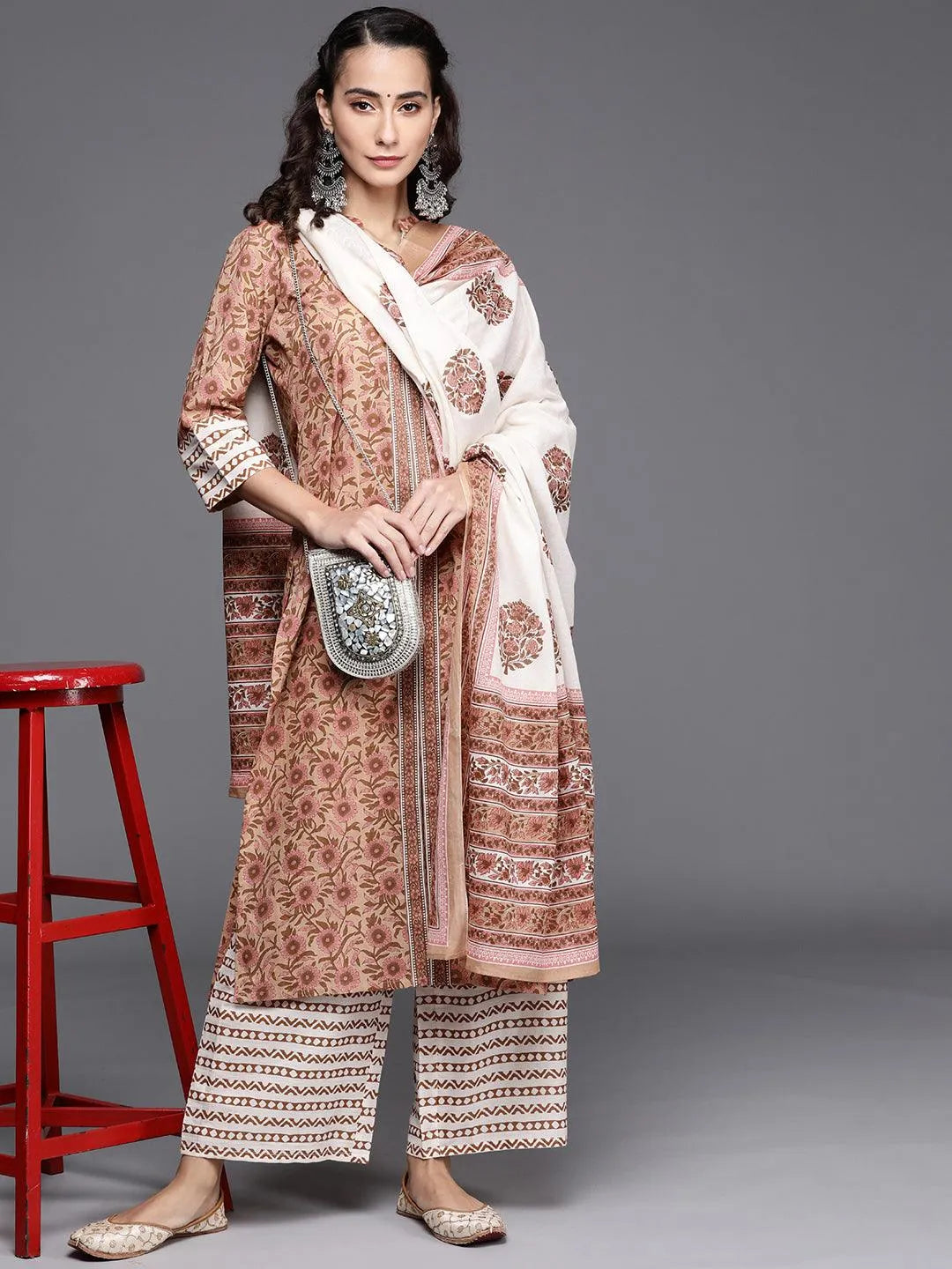 Brown Printed Cotton Suit Set - Libas 