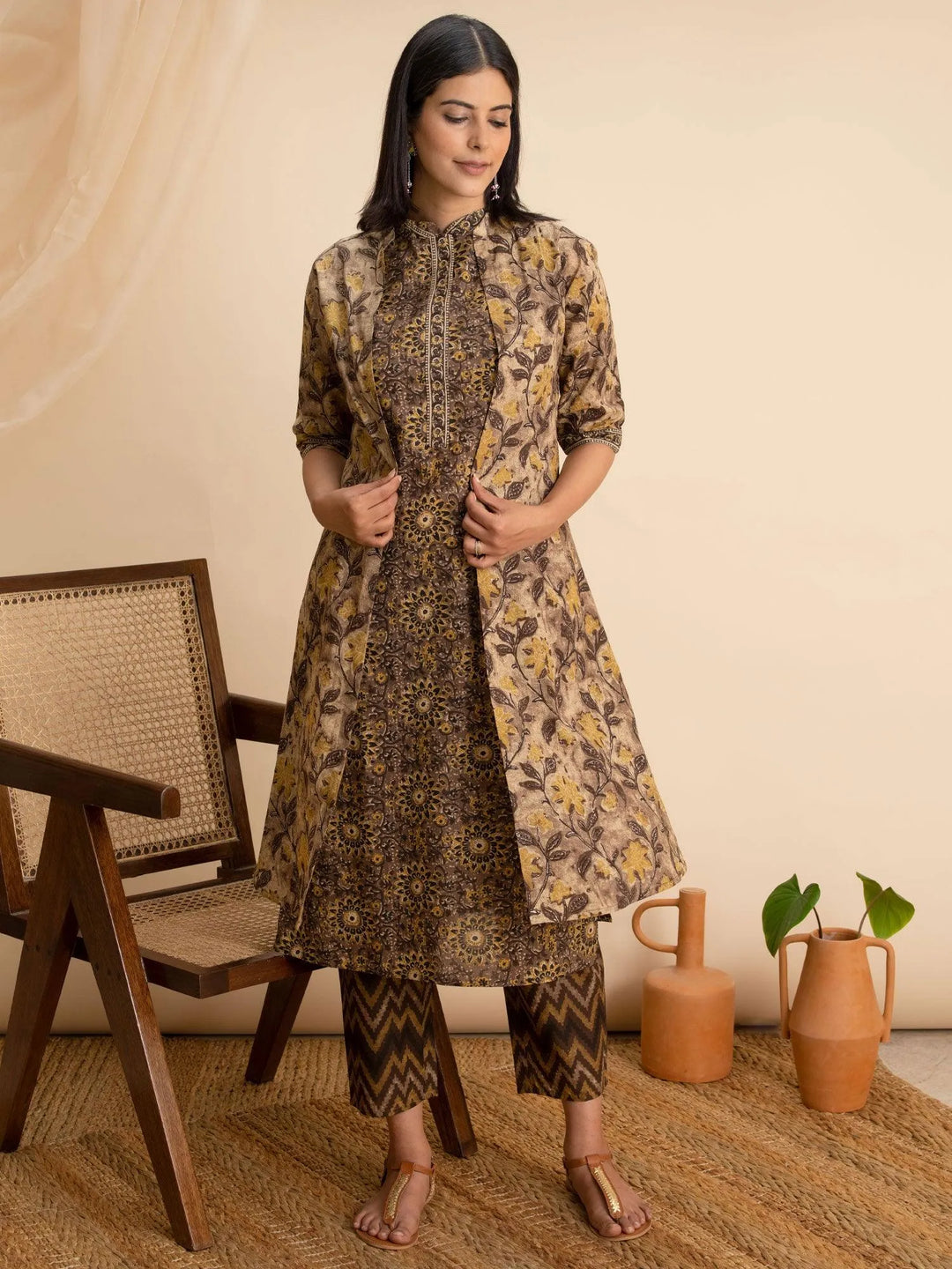 Brown Printed Cotton Kurta Set With Shrug - Libas