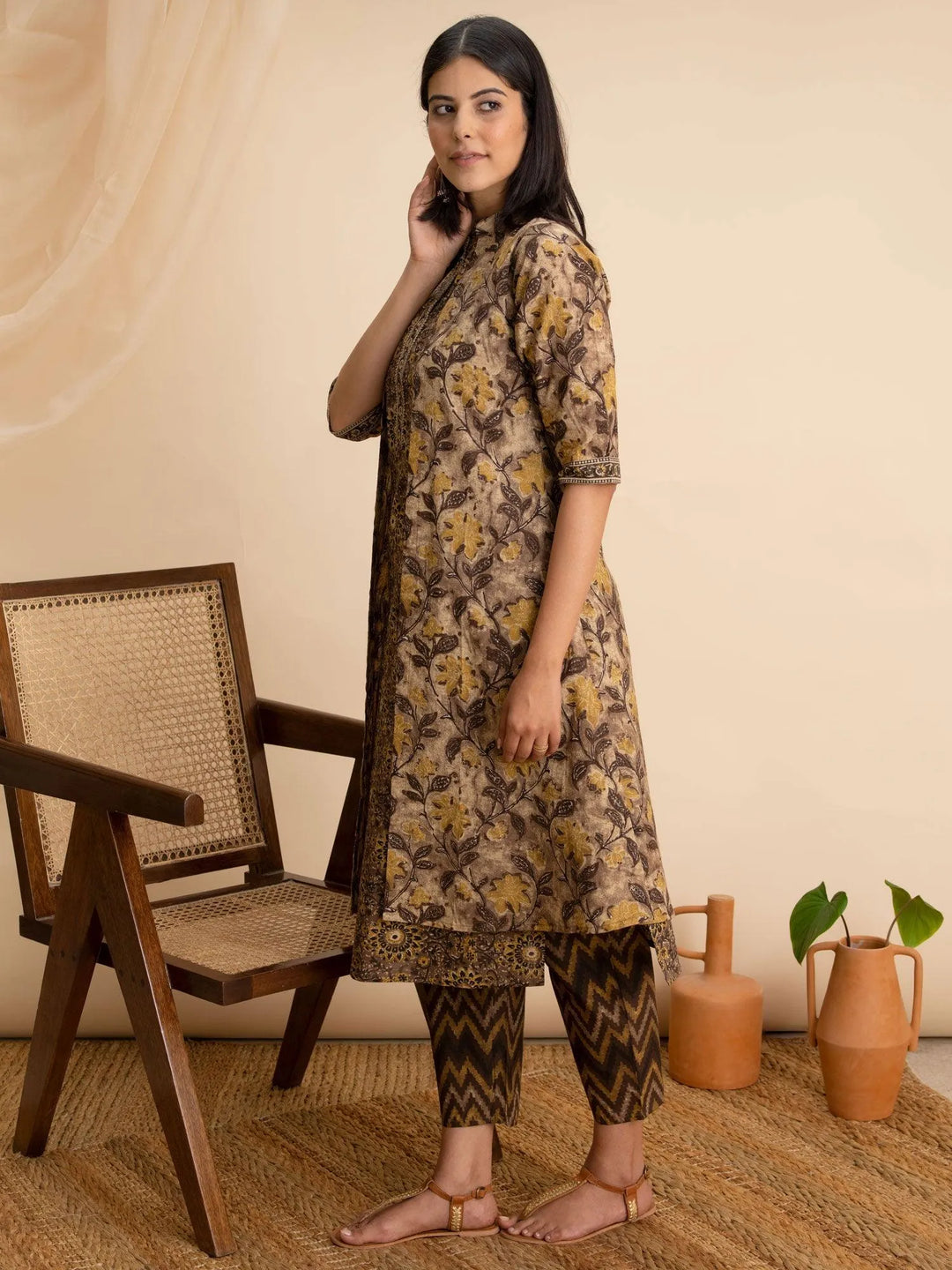 Brown Printed Cotton Kurta Set With Shrug - Libas