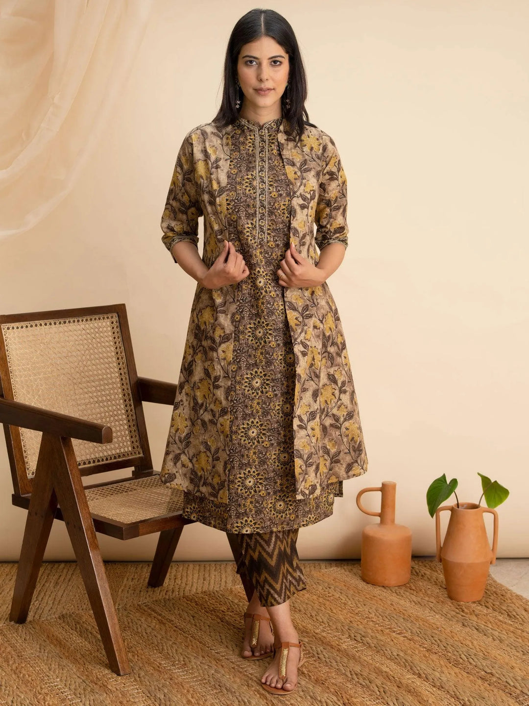 Brown Printed Cotton Kurta Set With Shrug - Libas