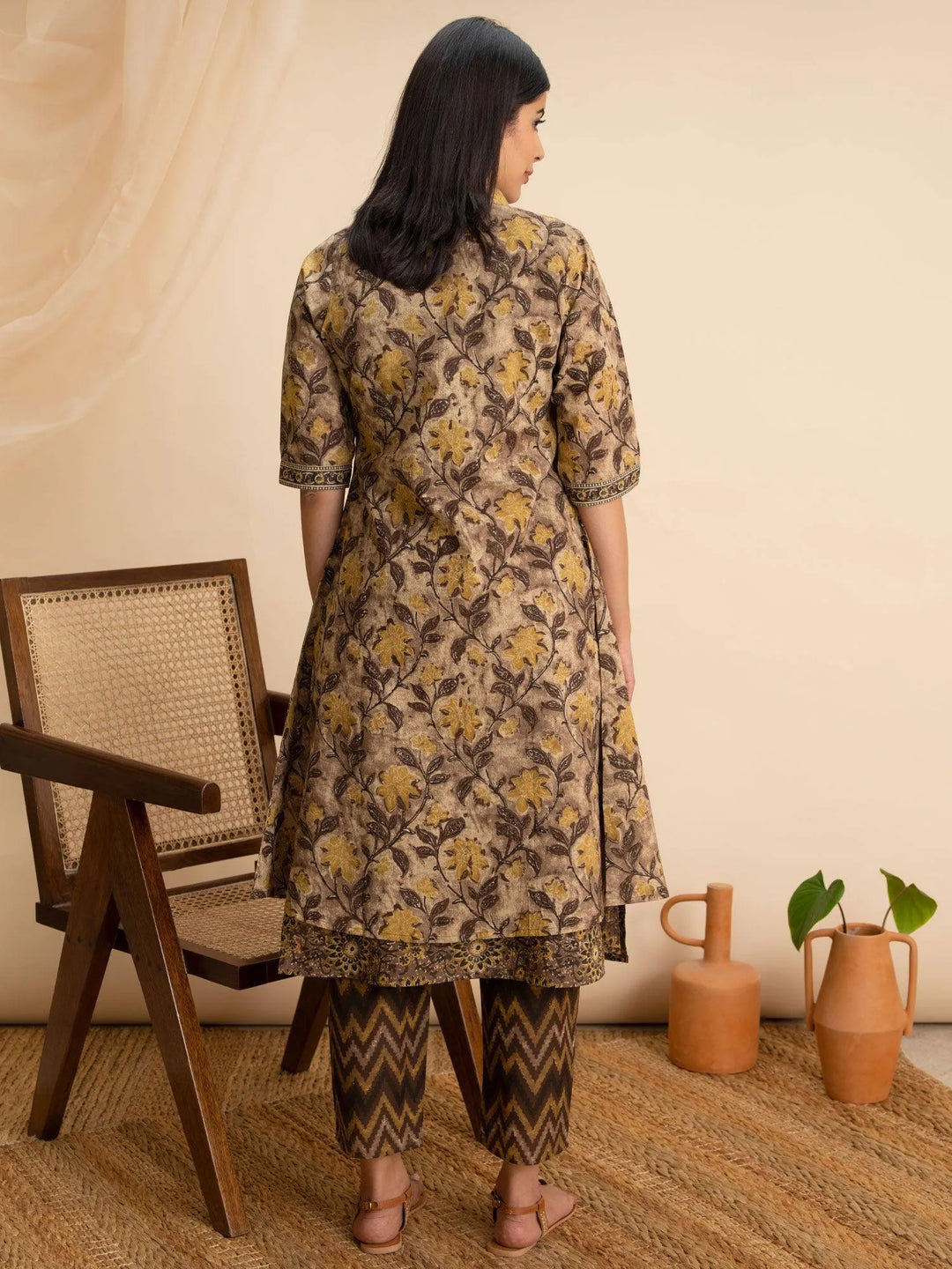 Brown Printed Cotton Kurta Set With Shrug - Libas