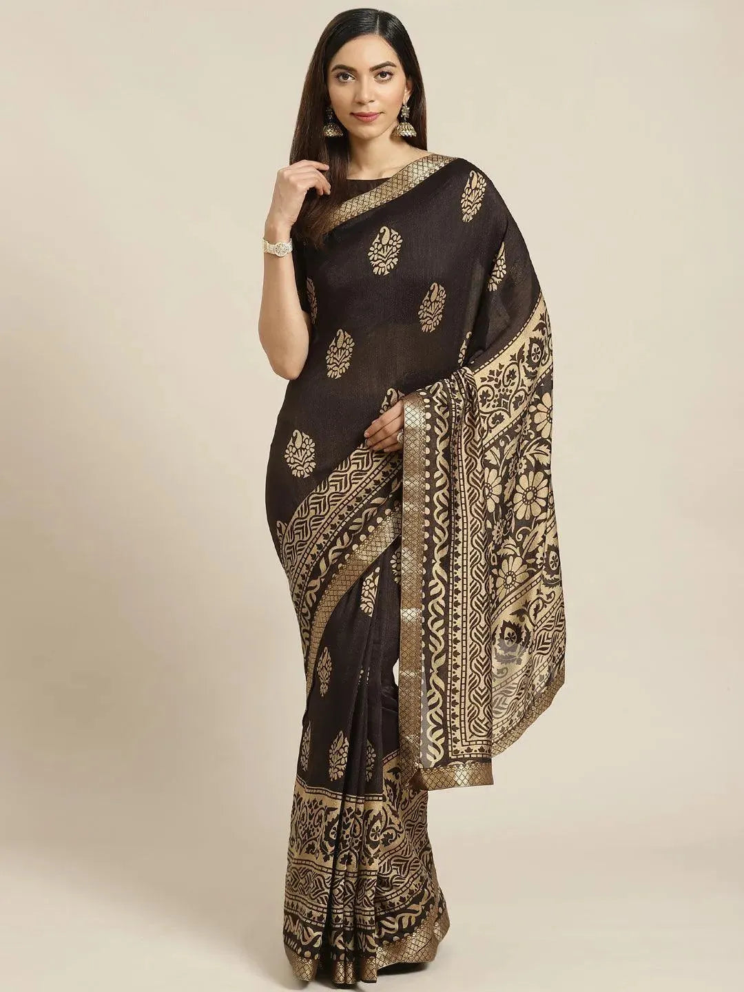 

Buy Brown Printed Polyester Saree - 14068 | Libas Ethnic Wear Online