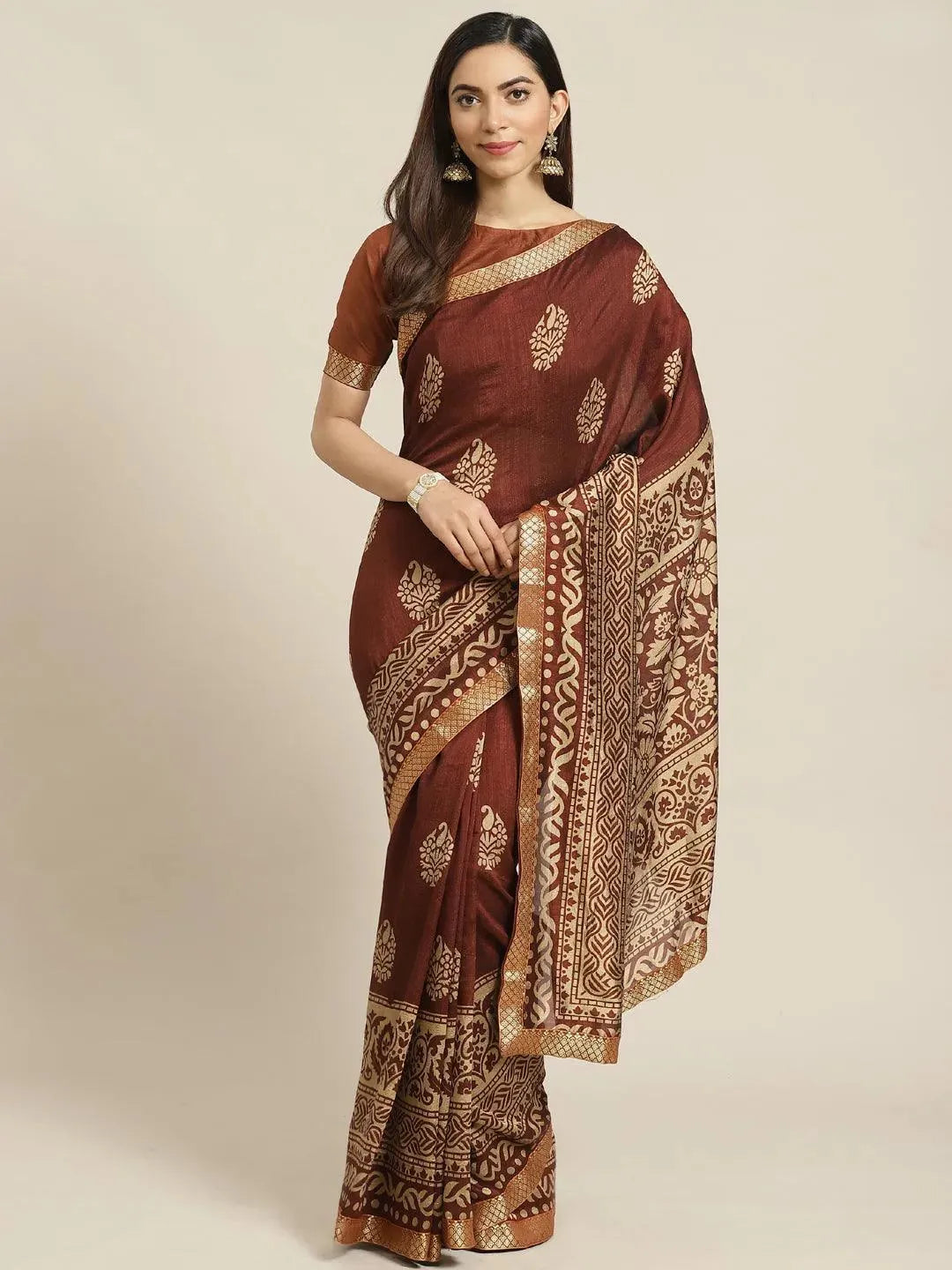 

Brown Printed Polyester Saree