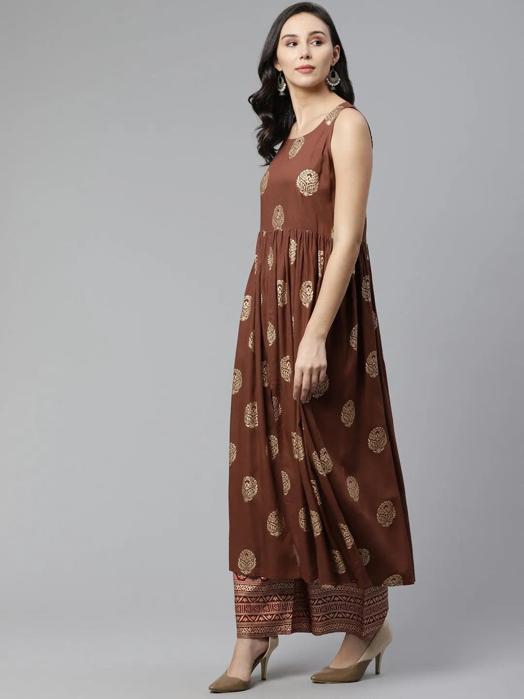 Brown Printed Rayon Kurta Set - Libas 