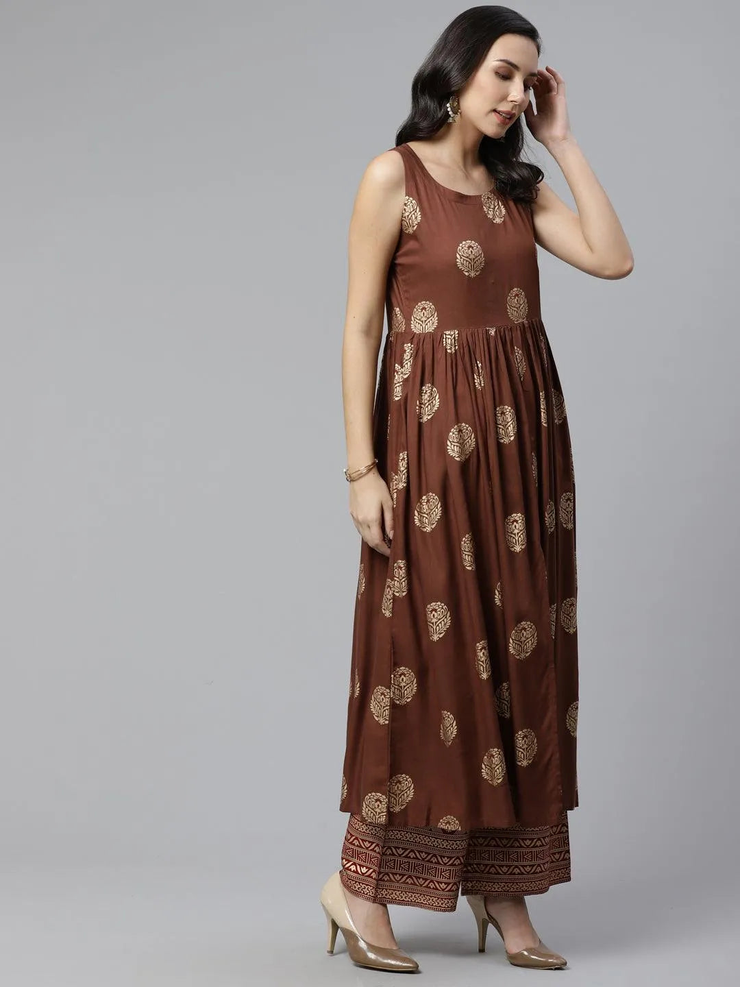 Brown Printed Rayon Kurta Set - Libas 