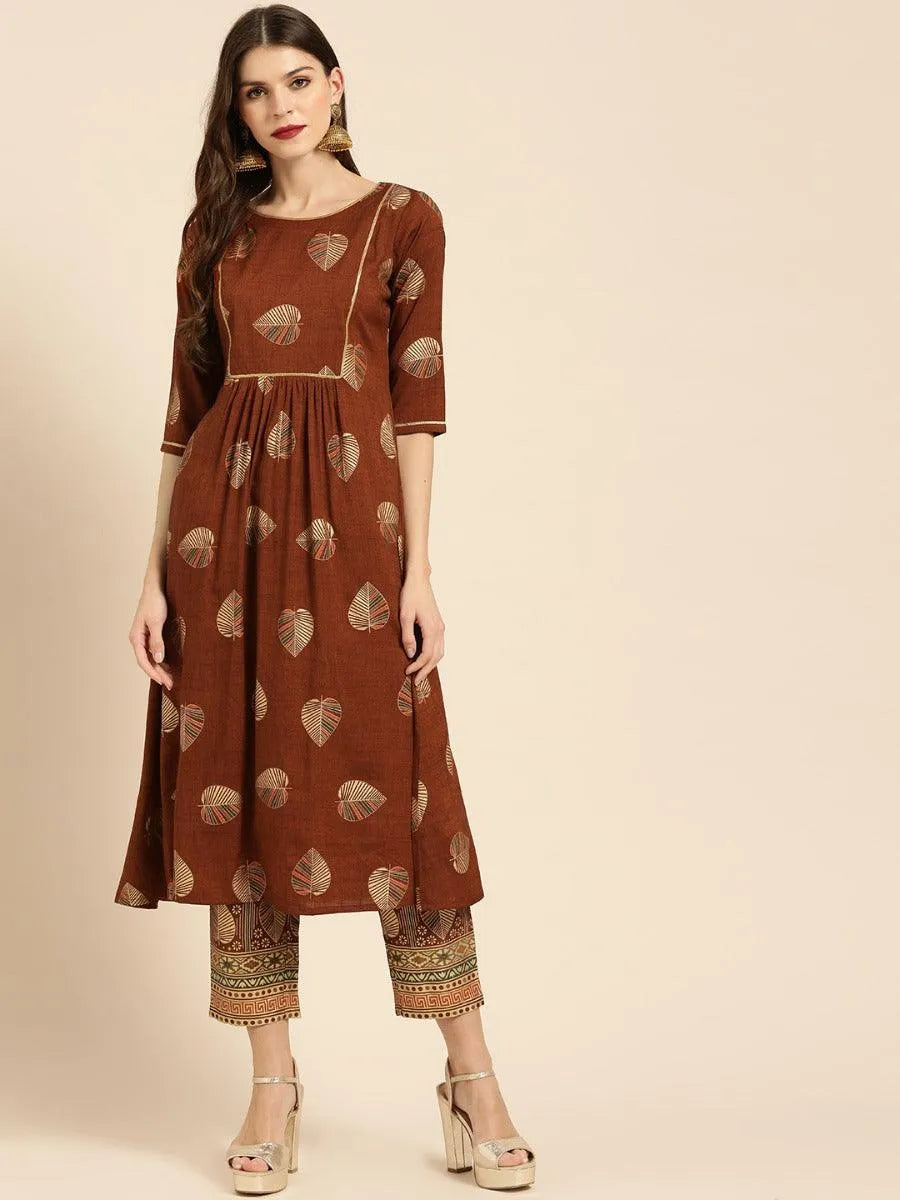 Brown Printed Rayon Kurta Set - Libas