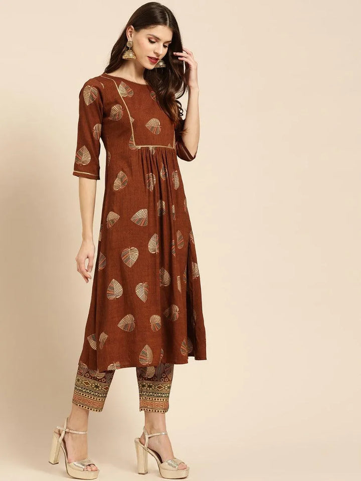 Brown Printed Rayon Kurta Set - Libas