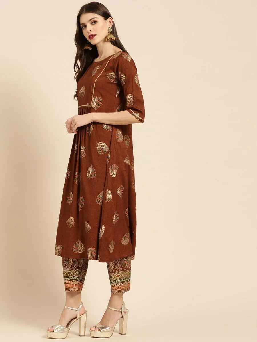 Brown Printed Rayon Kurta Set - Libas