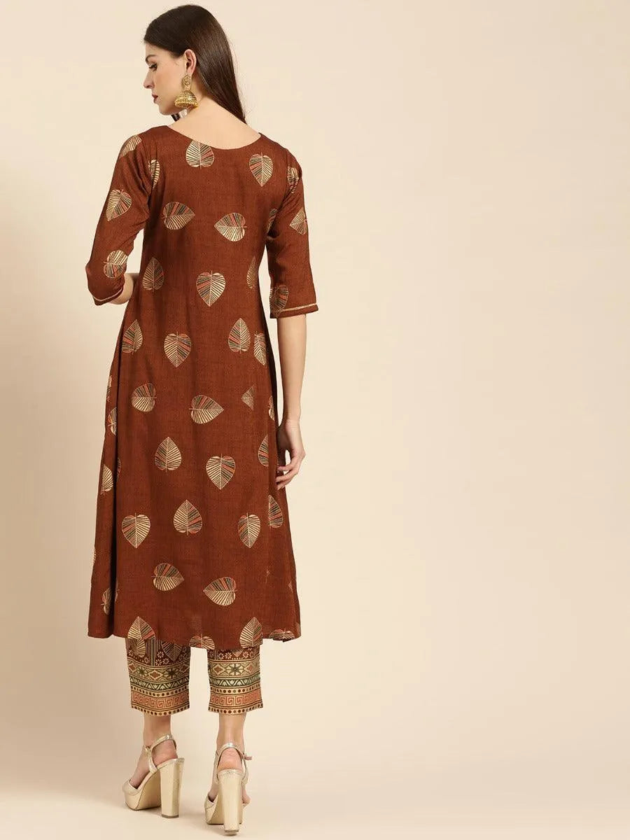 Brown Printed Rayon Kurta Set - Libas