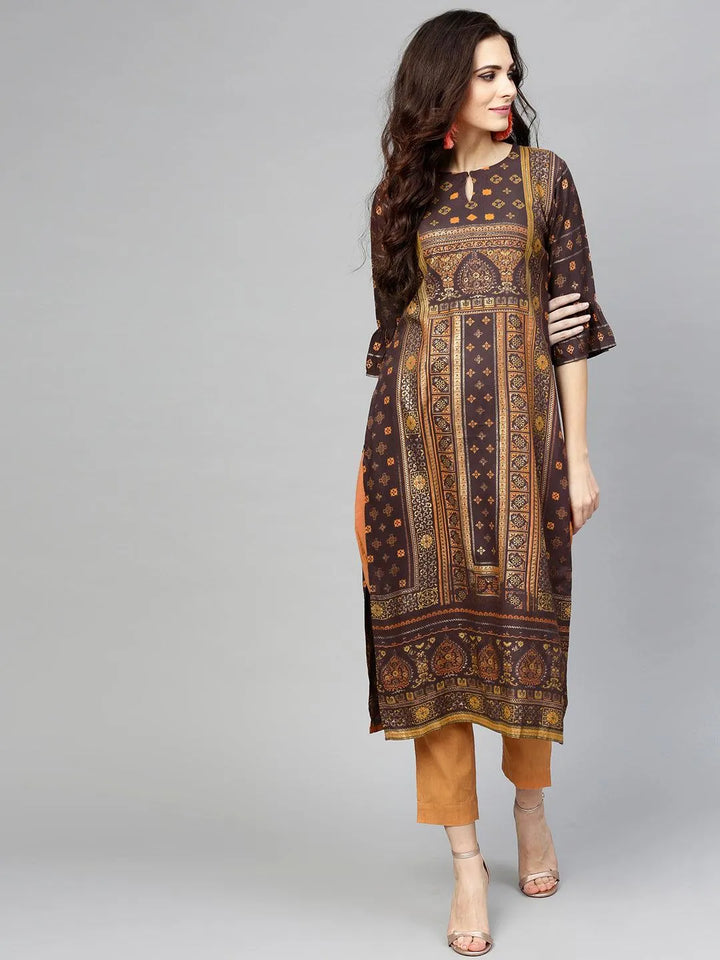 Brown Printed Rayon Kurta - Libas