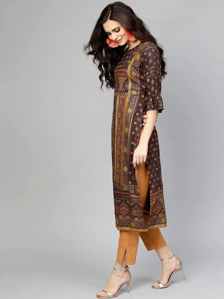 Brown Printed Rayon Kurta - Libas