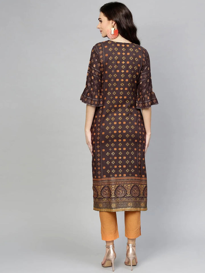 Brown Printed Rayon Kurta - Libas