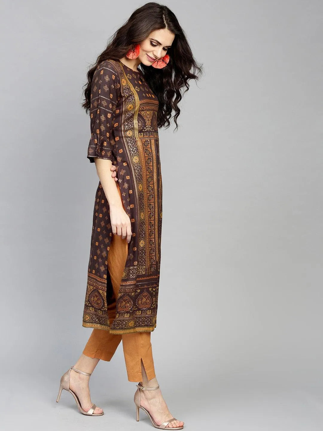 Brown Printed Rayon Kurta - Libas