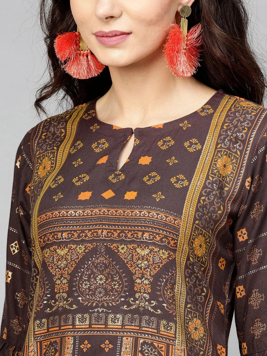 Brown Printed Rayon Kurta - Libas