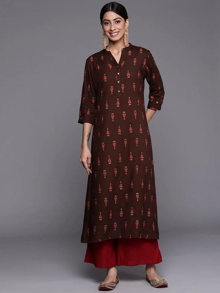 Brown Printed Rayon Straight Kurta - Libas