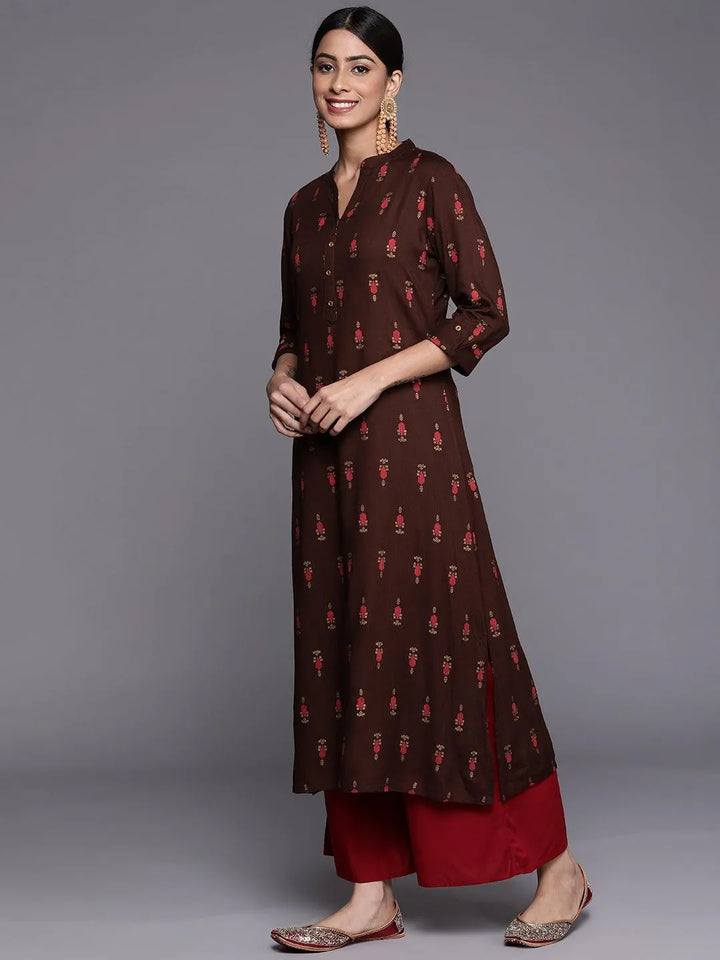 Brown Printed Rayon Straight Kurta - Libas