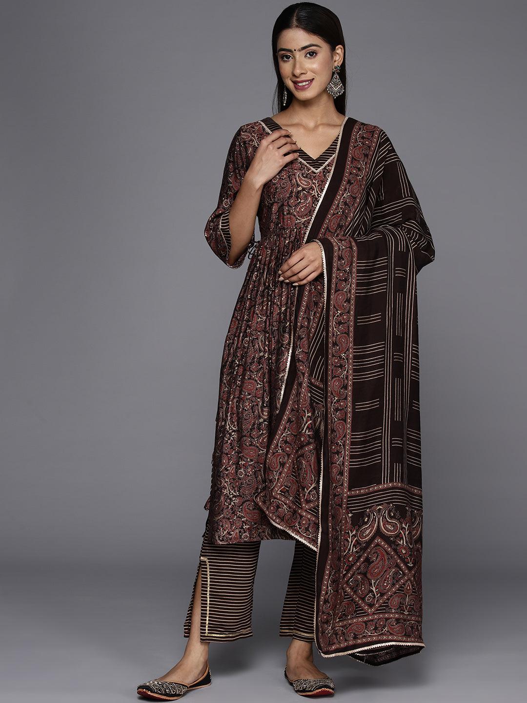 Brown Printed Silk Blend A-Line Kurta With Trousers & Dupatta - Libas