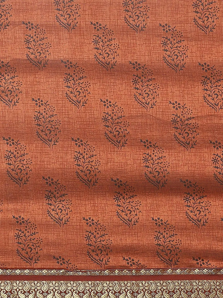 Brown Printed Silk Blend Saree - Libas