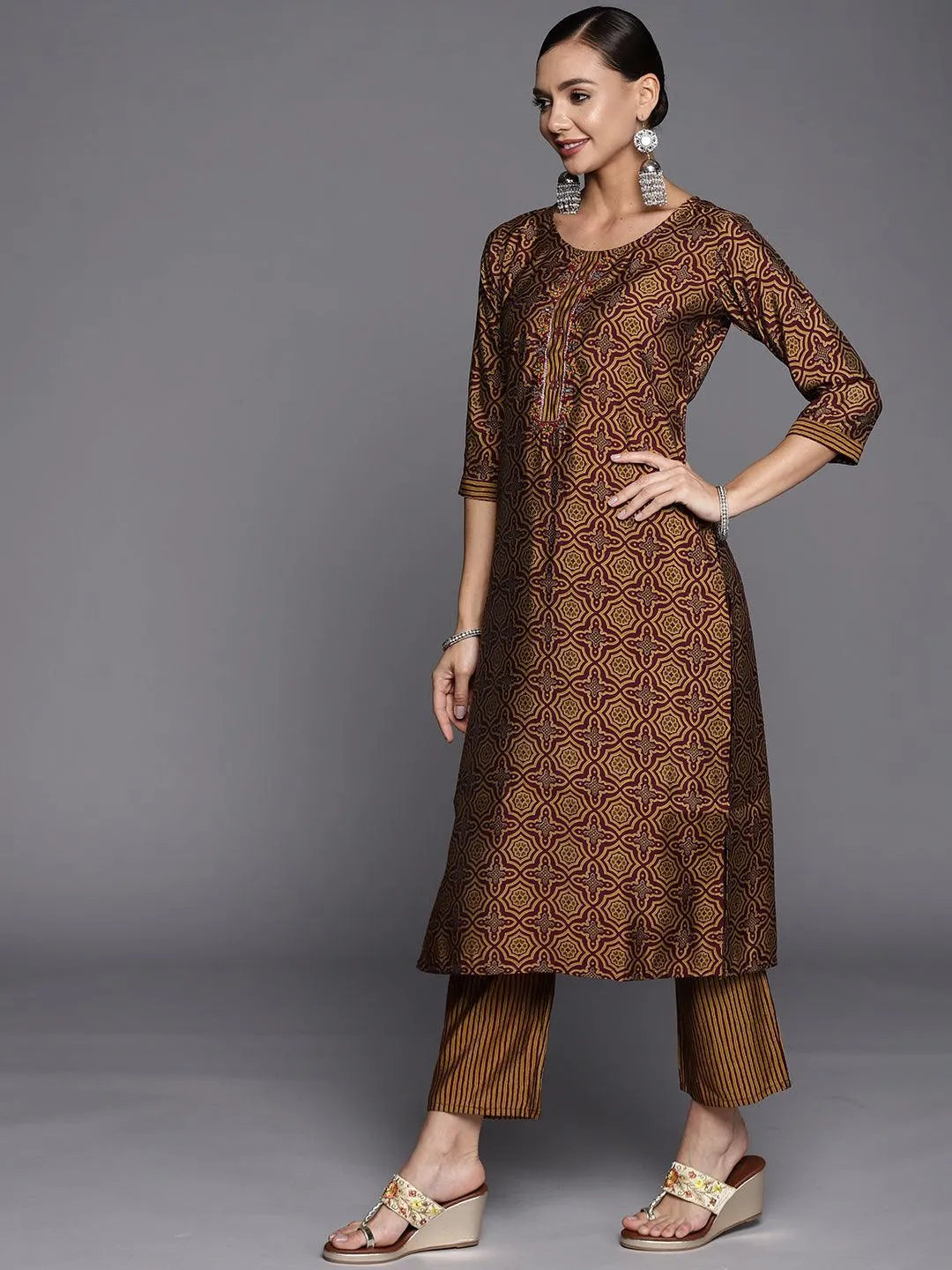 Brown Printed Silk Blend Straight Suit Set - Libas