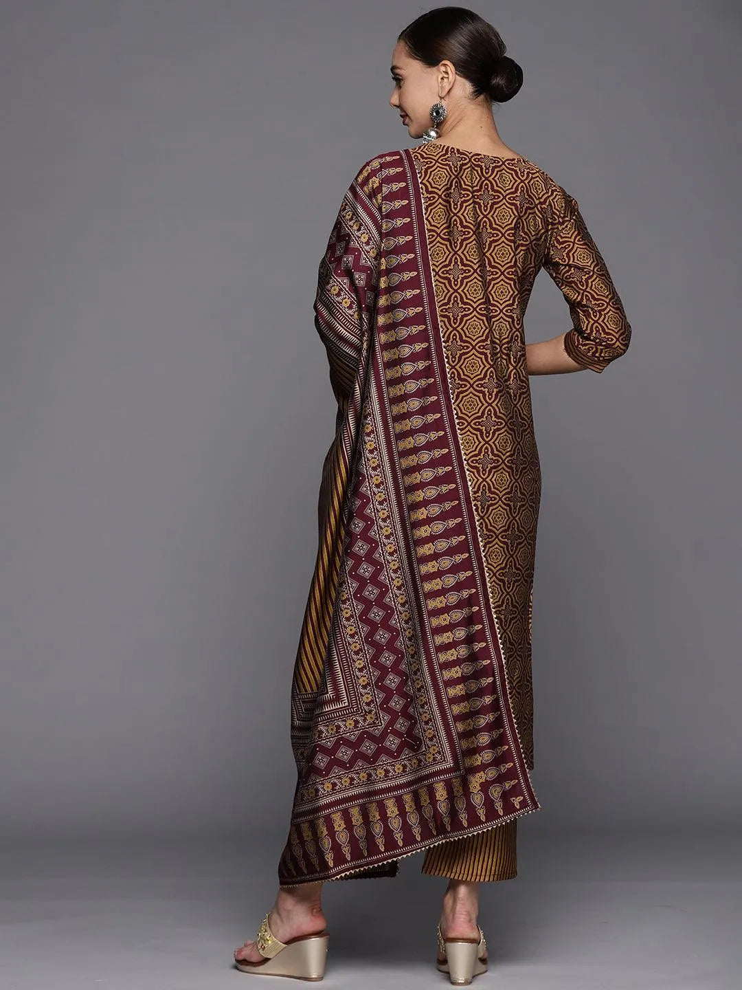 Brown Printed Silk Blend Straight Suit Set - Libas