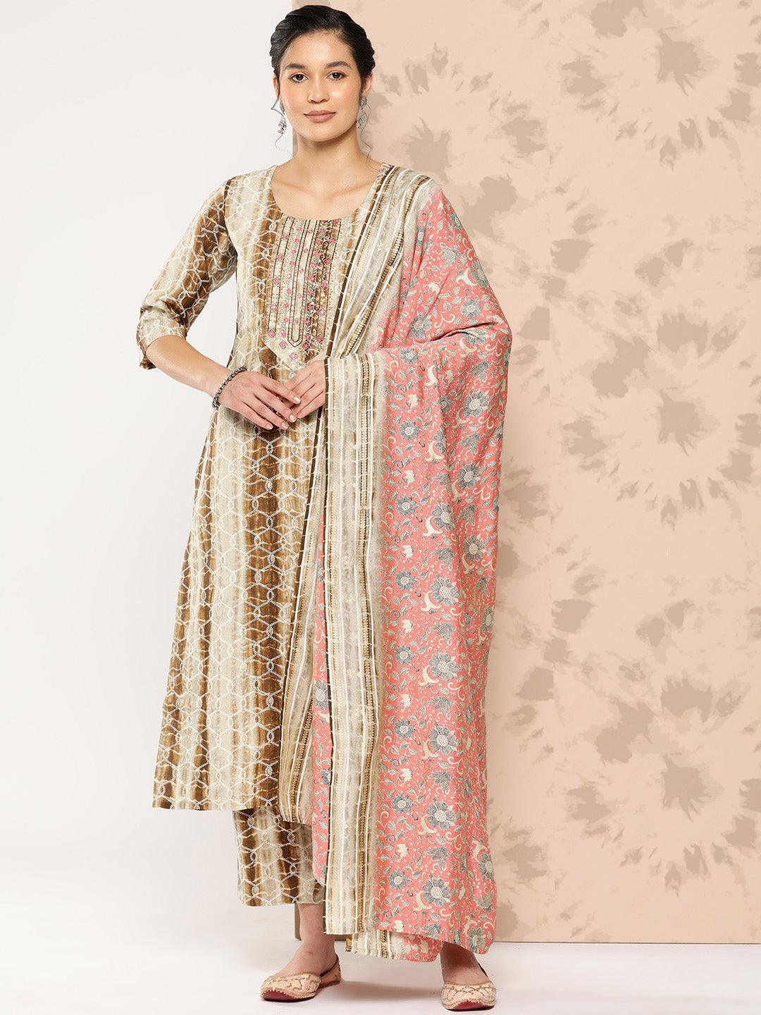 Brown Printed Silk Blend Straight Kurta With Trousers and Dupatta - Libas 