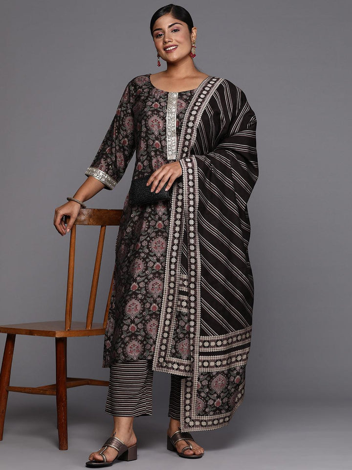 Brown Printed Silk Blend Straight Kurta With Trousers & Dupatta - Libas