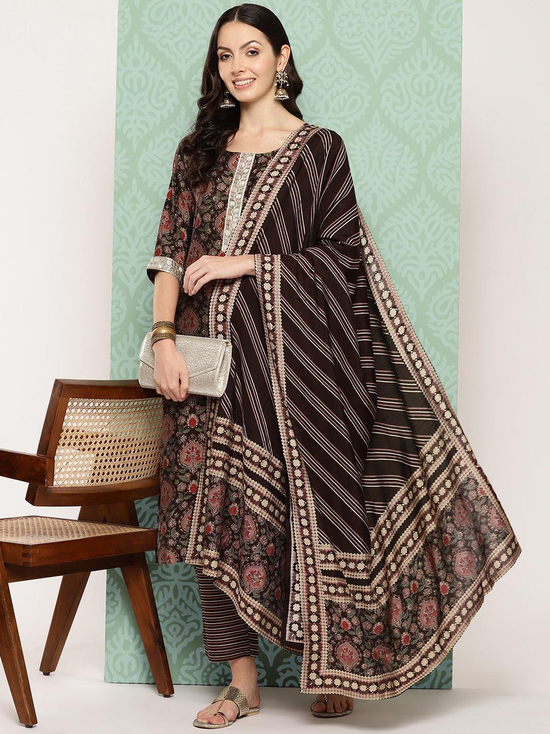 Brown Printed Silk Blend Straight Kurta With Trousers & Dupatta - Libas 