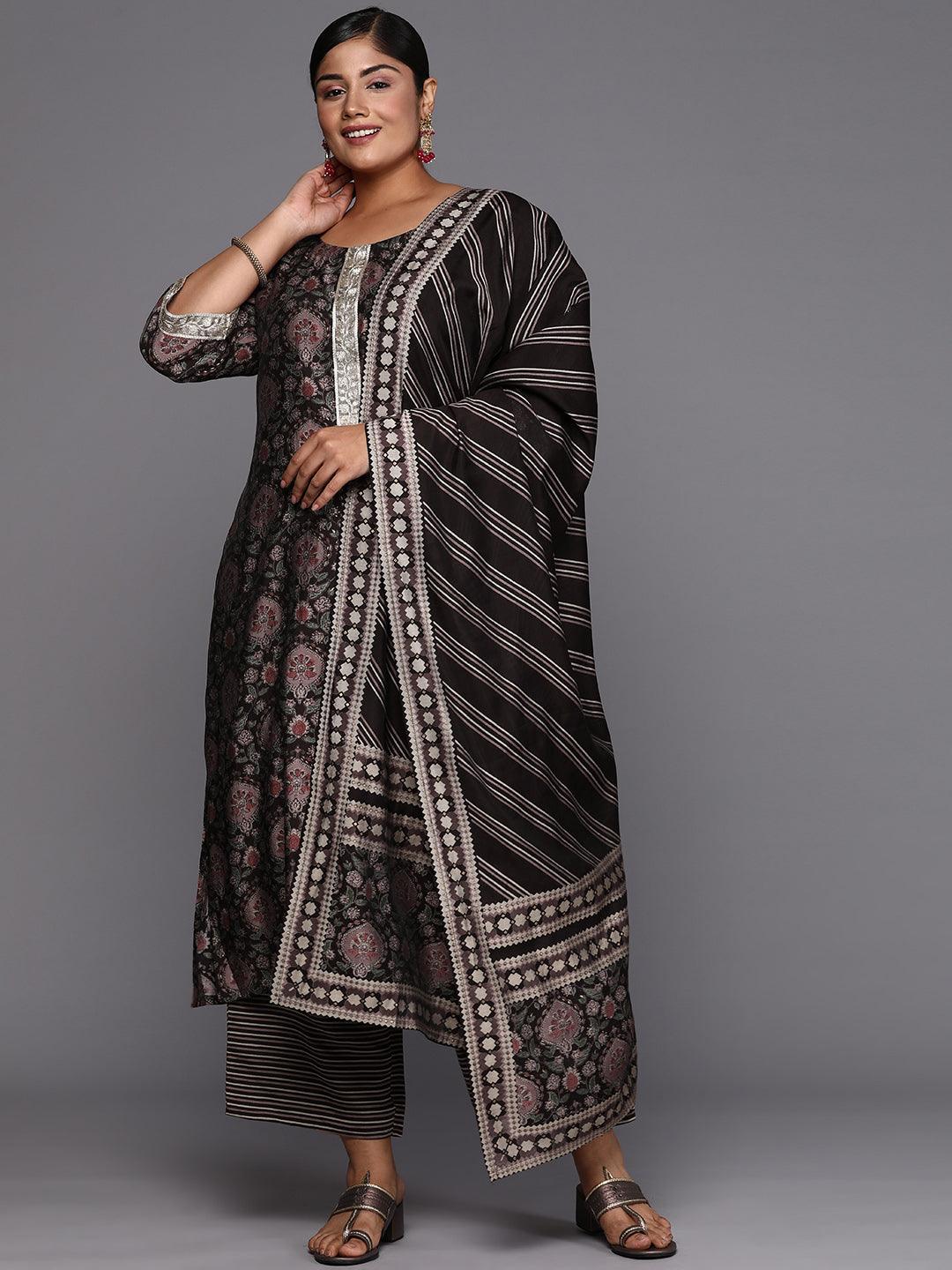 Brown Printed Silk Blend Straight Kurta With Trousers & Dupatta - Libas